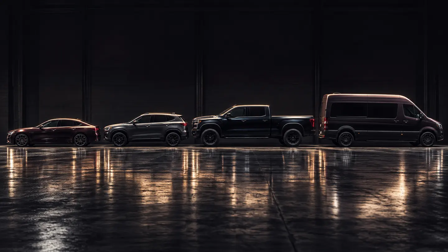 A sedan, a crossover, a full-size pickup and a passenger van parked side-on in a dark garage, smallest to largest, like a size chart.