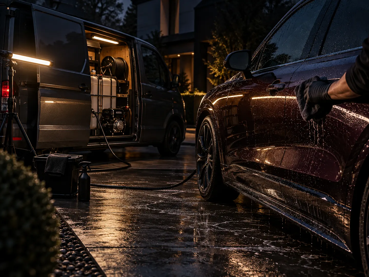 A dark van at the end of a driveway at blue hour, side door open on its water tank and hose reel, a detailer working on a plum SUV beside it.