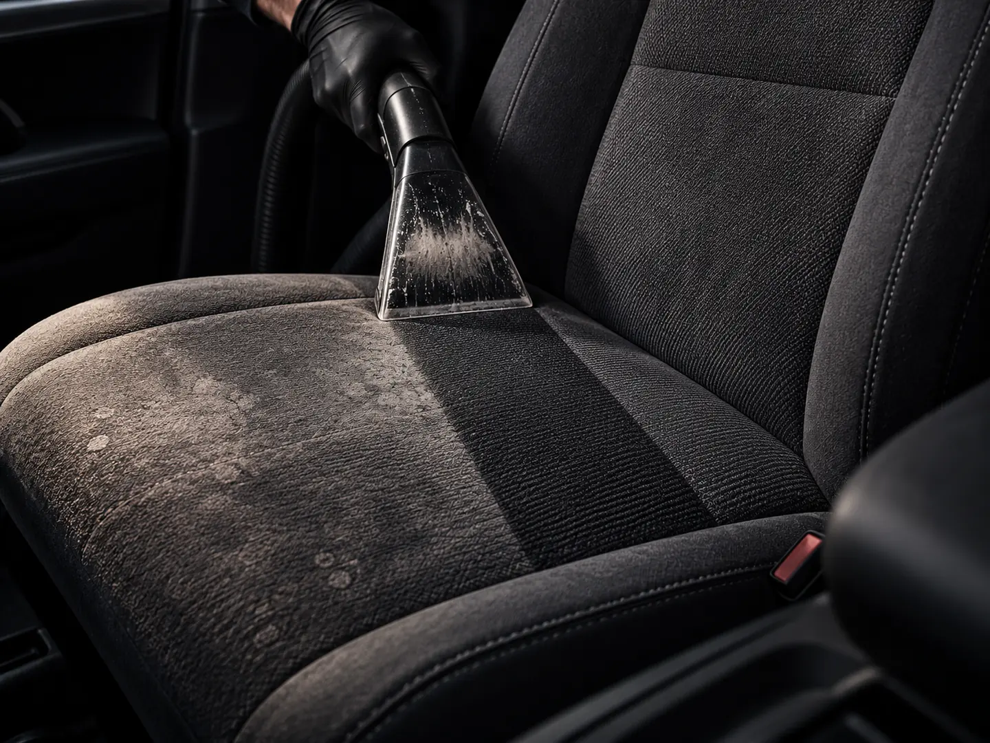 An extractor wand pulling one clean stripe down a dusty grey fabric car seat.