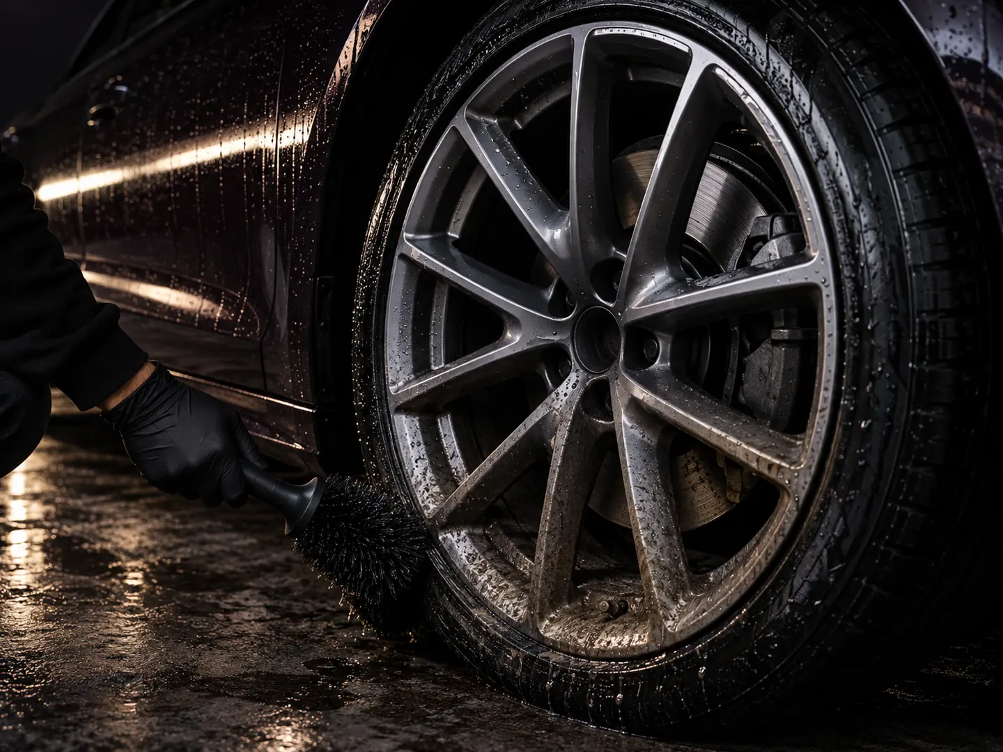 A gunmetal alloy wheel half cleaned, the lower spokes still grey with brake dust, a gloved hand at the tyre.