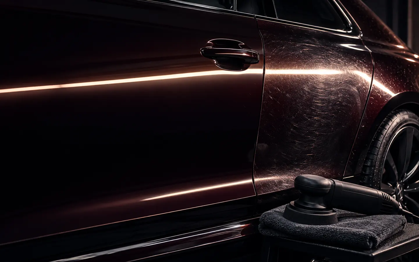 A black-cherry car door in a dark garage under one raking strip light, the left half polished to a mirror and the right half still swirled, a polisher resting on the sill.