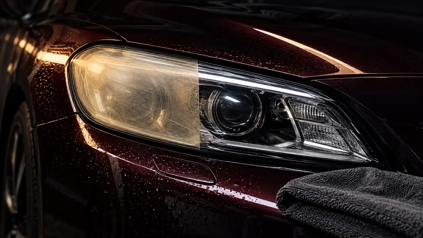 An oxblood car's headlight split down the middle, the left half yellow and hazy and the right half restored to clear glass.